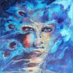 pauwenogen 30x30cm acryl, 290 euro