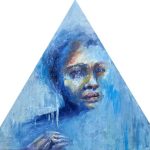 the face says it all, 60x60 cm triangle mixed media oils, 444 euro